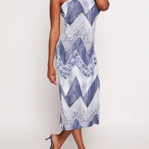 Womens Printed Strapless Bodycon Midi Dress, Blue, Size M